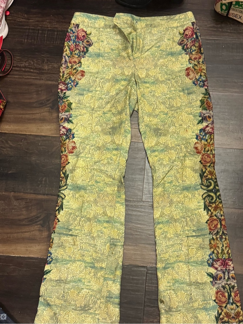 Moschino Green Floral-Trim Flared Pants